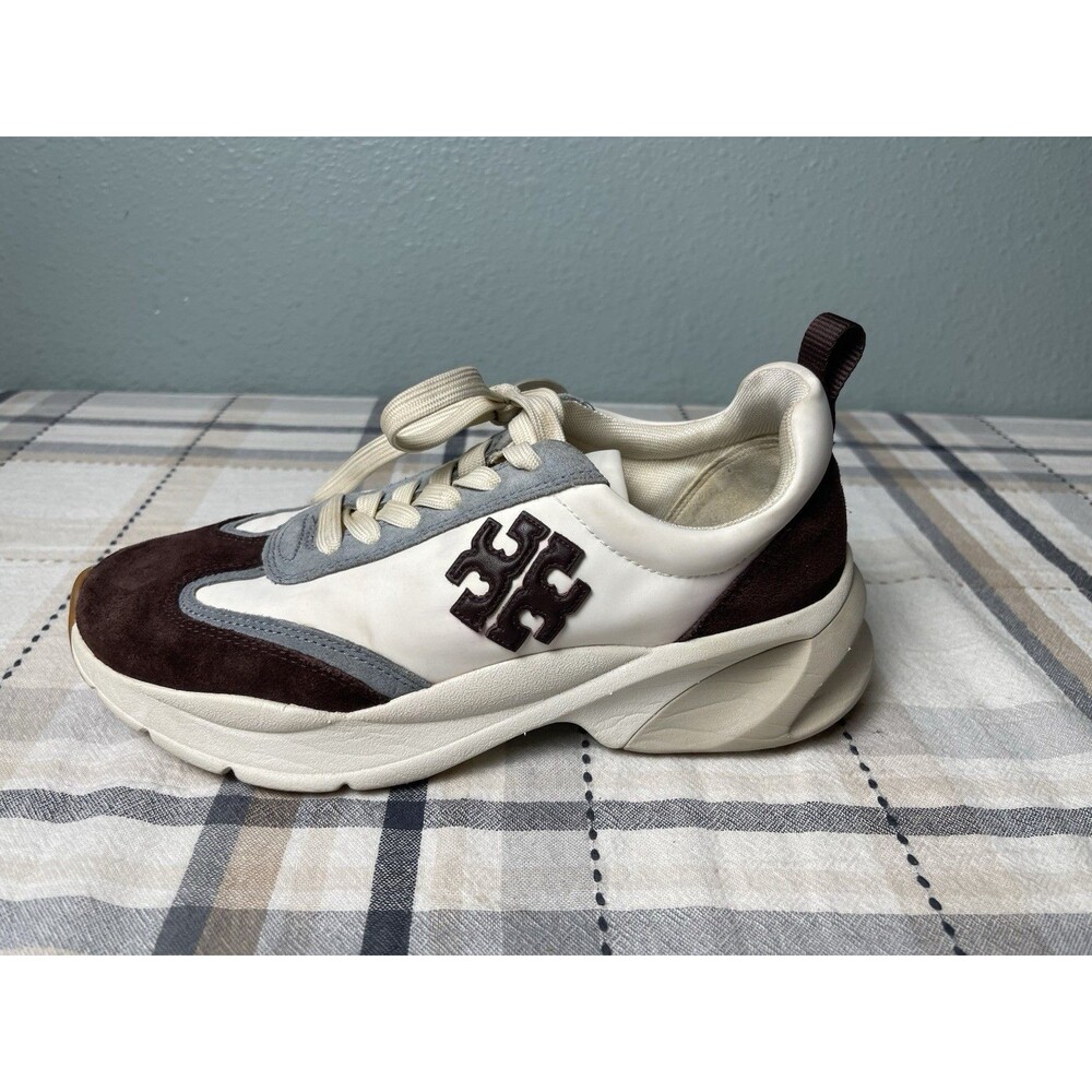 Tory Burch Good Luck Trainer Sneakers Cream Brown Suede Chunky Womens Size 8 - Picture 5 of 10